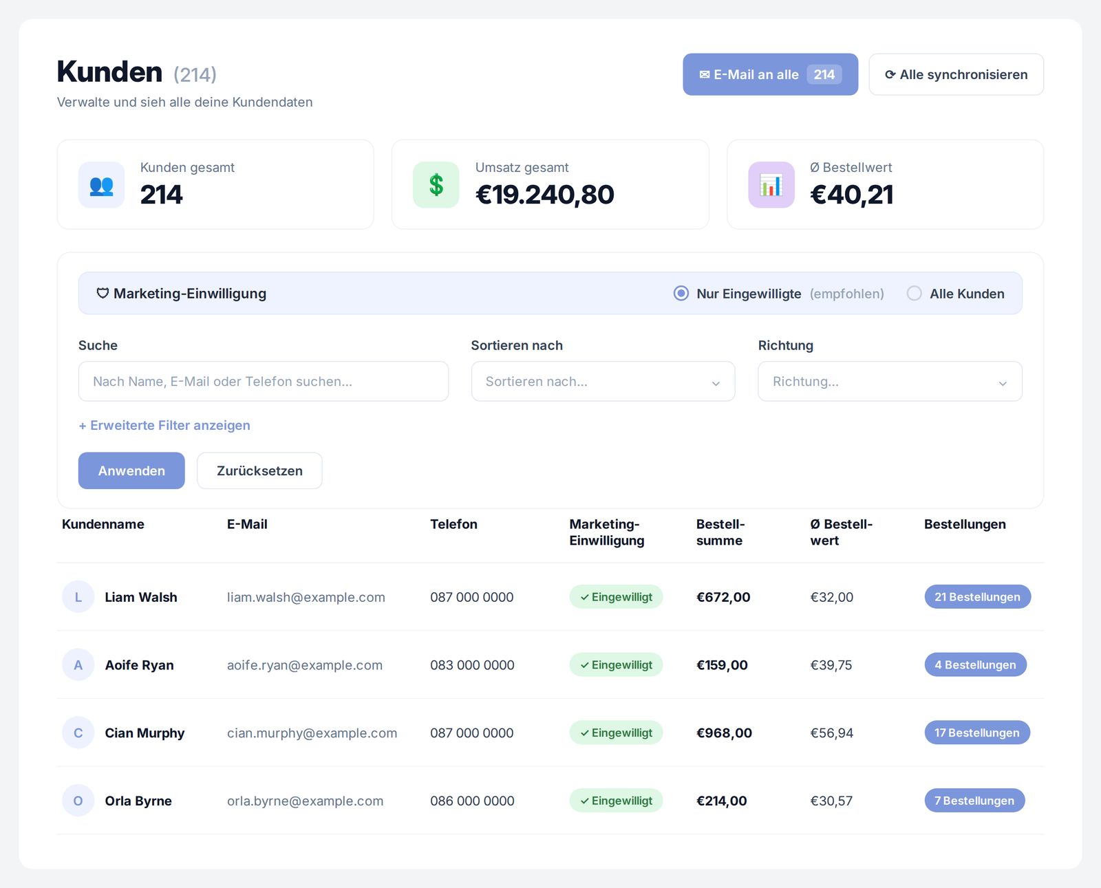 Tenvito Kundenansicht &mdash; eigene Kundenliste mit Marketing-Einwilligung pro Person