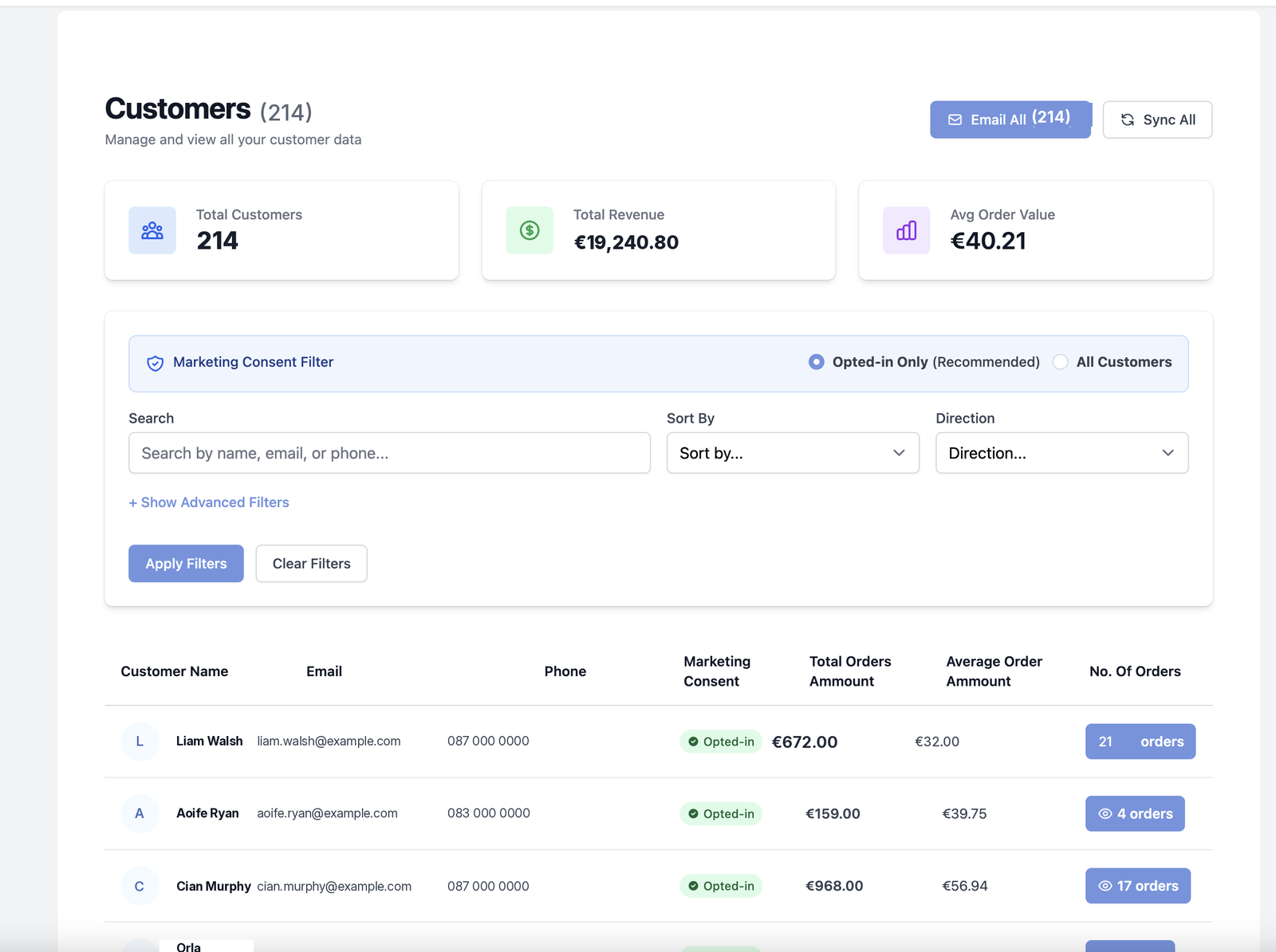 Tenvito customer view &mdash; first-party customer list with per-person marketing consent